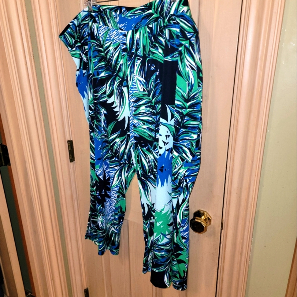 Womens Plus Sz 3X Iman Tropical Cropped Pants Beachy Blue Green Palms